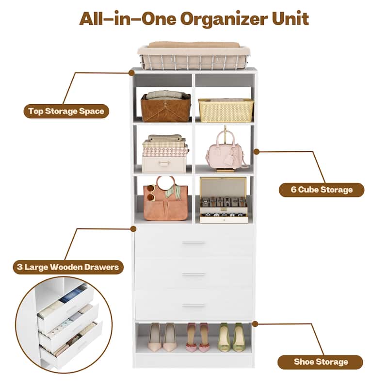 Set of 2 Closet System with 7 Wooden Drawers ＆ 4 Hanging Rods, Heavy Duty Walk-in Closet Organizer System with Shelves