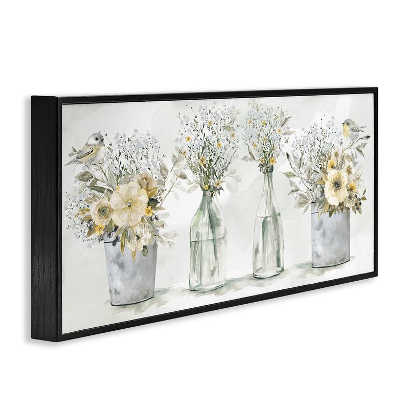 Stupell Farmhouse Floral Bouquets Song Birds Rustic Vases Framed Wall Art - Yellow