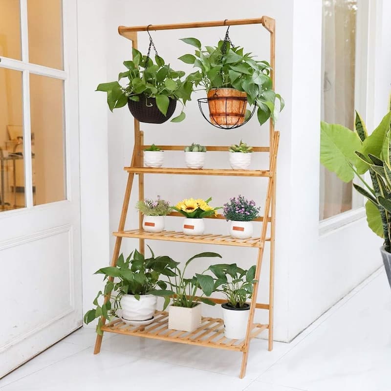 27" 3 Tier Plant Stand Hanging Rack Bamboo Plant Ladder Foldable Flower Pots