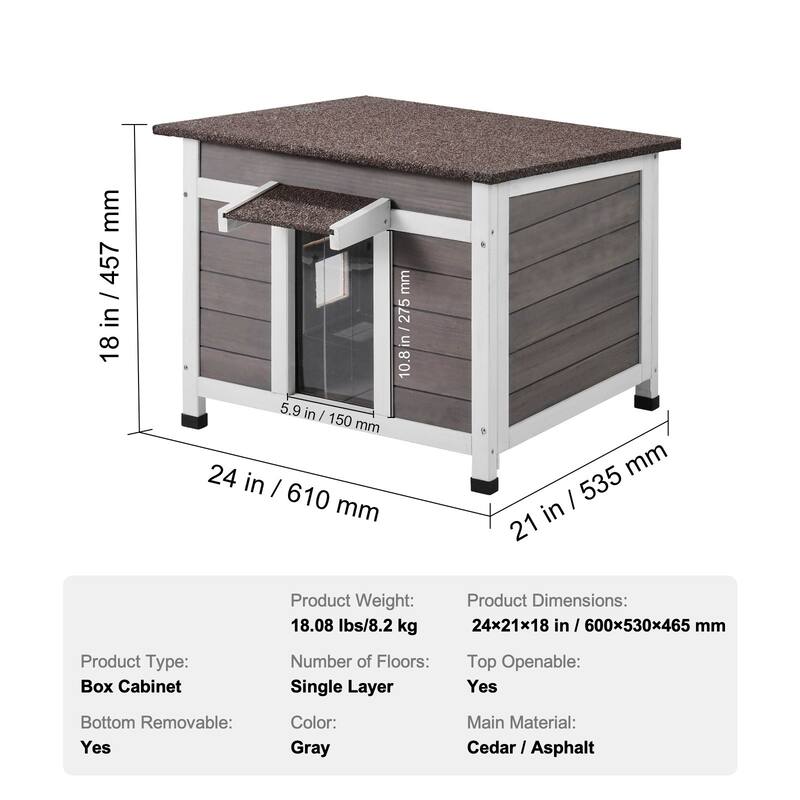 Grey Wooden Outdoor Cat Shelter with Roof Door Flaps and Window Suitable for Any Small Pets - 24" x 21" x 18"