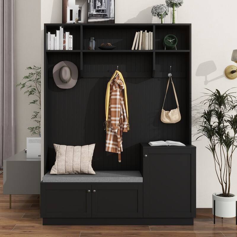 Hall Tree with Comfort and Storage Solutions, Functional Hallway Shoe Cabinet with Bench&Cushion, Modern Coat Rack with Hooks - Black