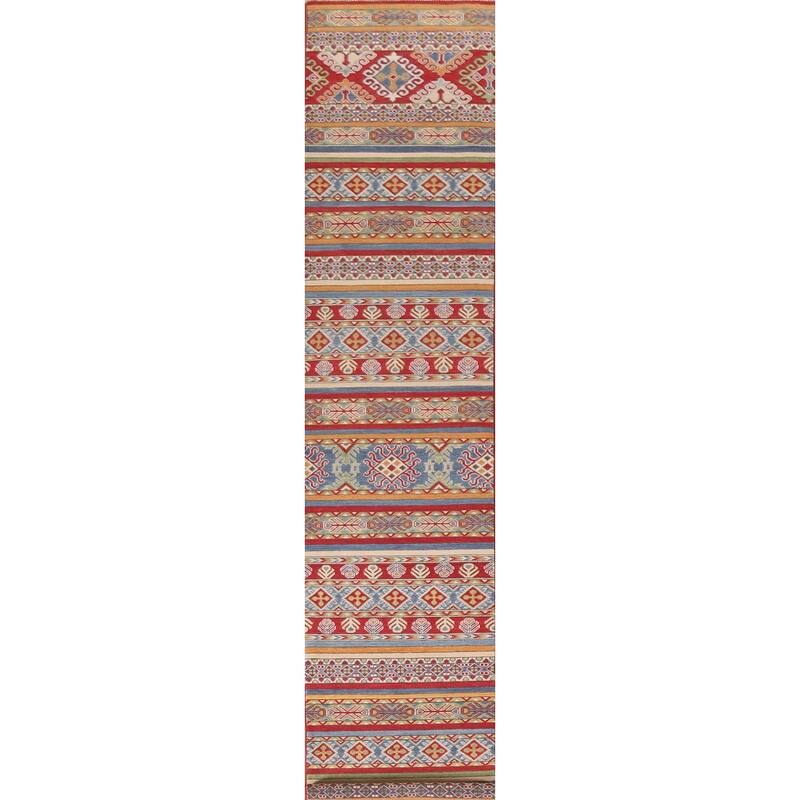 Hand Knotted Oriental 100% Wool Carpet Traditional Geometric Multi-Colored Kazak Runner Rug - 16' 0'' X 2' 5''