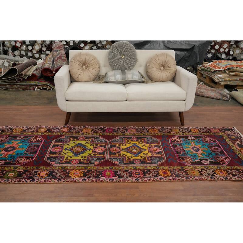 Hand Knotted Oriental 100% Wool Carpet Traditional Geometric Red Heriz Runner Rug - 9' 7'' X 3' 8''