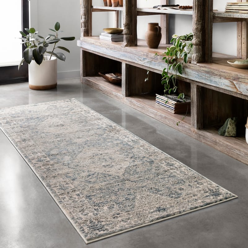 Alexander Home Josefina Diamond Floral Traditional Rug - 2' 8" x 7' 6" - SKY / NATURAL
