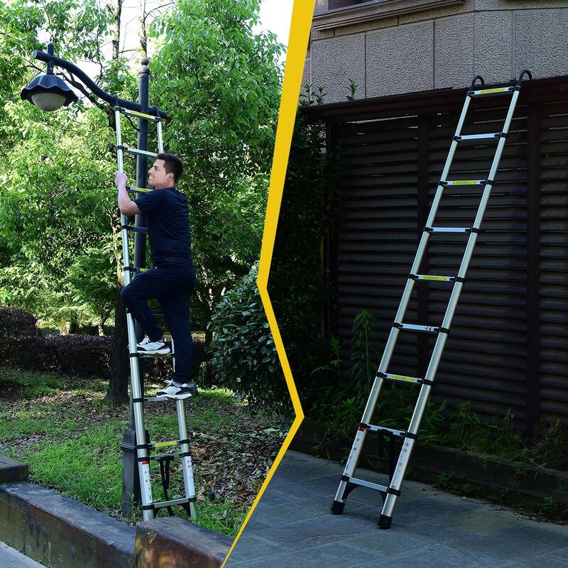 9.5ft Telescopic Aluminum Ladder with Triangular Stabilizers and Hooks