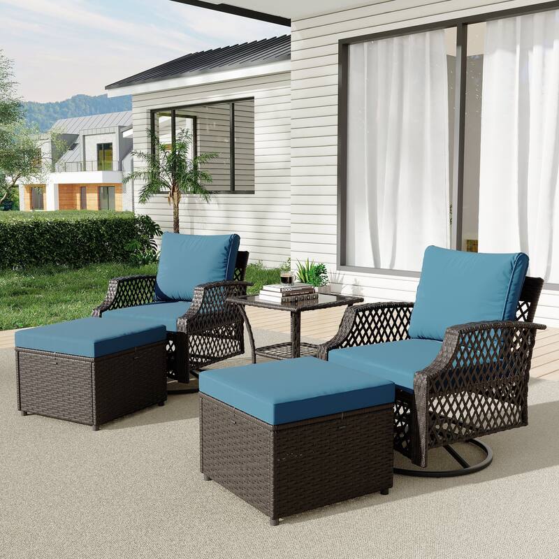 Outdoor Wicker Patio Set w Swivel Chairs & Sofa, Ottomans and Tables, Modular 3/5/6/7-Piece, All-Weather Conversation Set. - 5-Piece: Ottomans - Turquoise