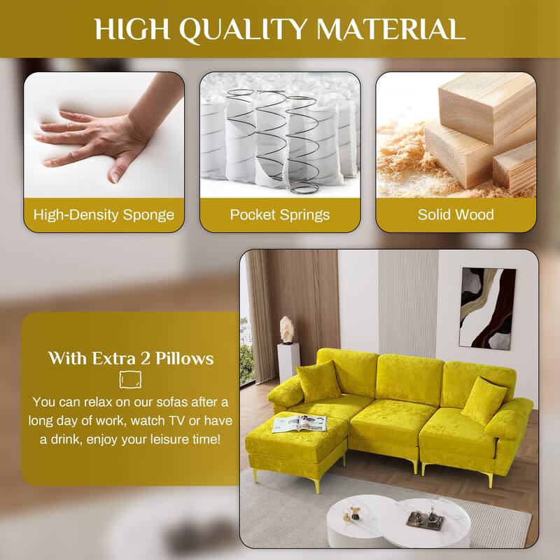 Ouyessir 2-Pieces Upholstered Velvet Sectional Sofa with 2 Pillows & Ottoman