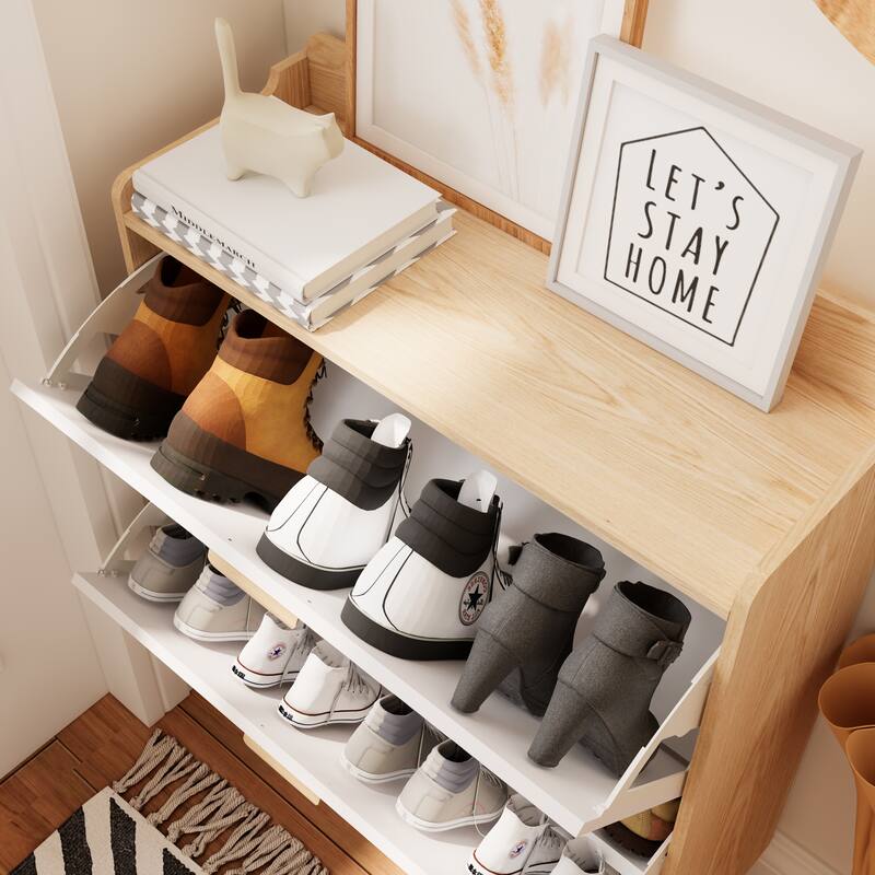 Anmytek White and Wood Entryway Storage Cabinet Flip Down Shoe Organizer for Mudroom and Foyer
