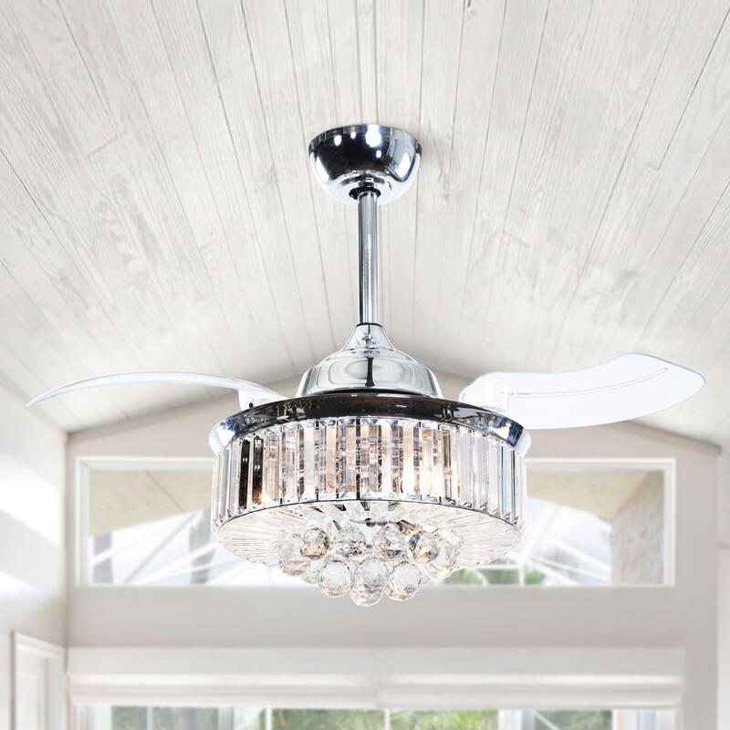 36-in Modern 3-Blade Chrome Retractable Crystal Chandelier Ceiling Fan with Remote and Light Kit - 36-in W x 18.8-in H