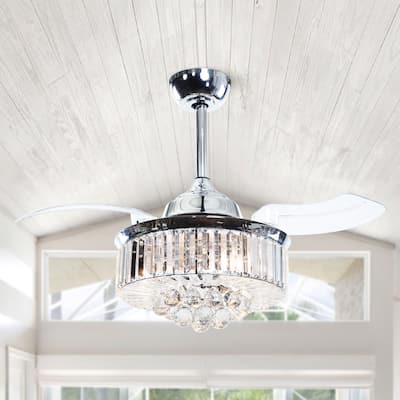 36-in Modern 3-Blade Chrome Retractable Crystal Chandelier Ceiling Fan with Remote and Light Kit - 36-in W x 18.8-in H