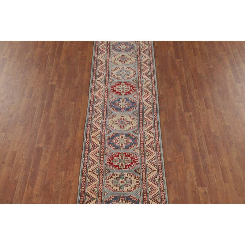 Geometric Kazak Oriental Runner Rug Hand-Knotted Wool Carpet - 2'8" x 12'2"