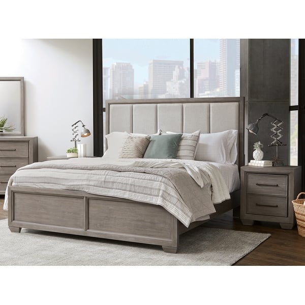 slide 2 of 13, Roundhill Furniture Ennesley 3-Piece Gray Wood Bedroom Set, Upholstered Panel Bed and 2 Nightstands King