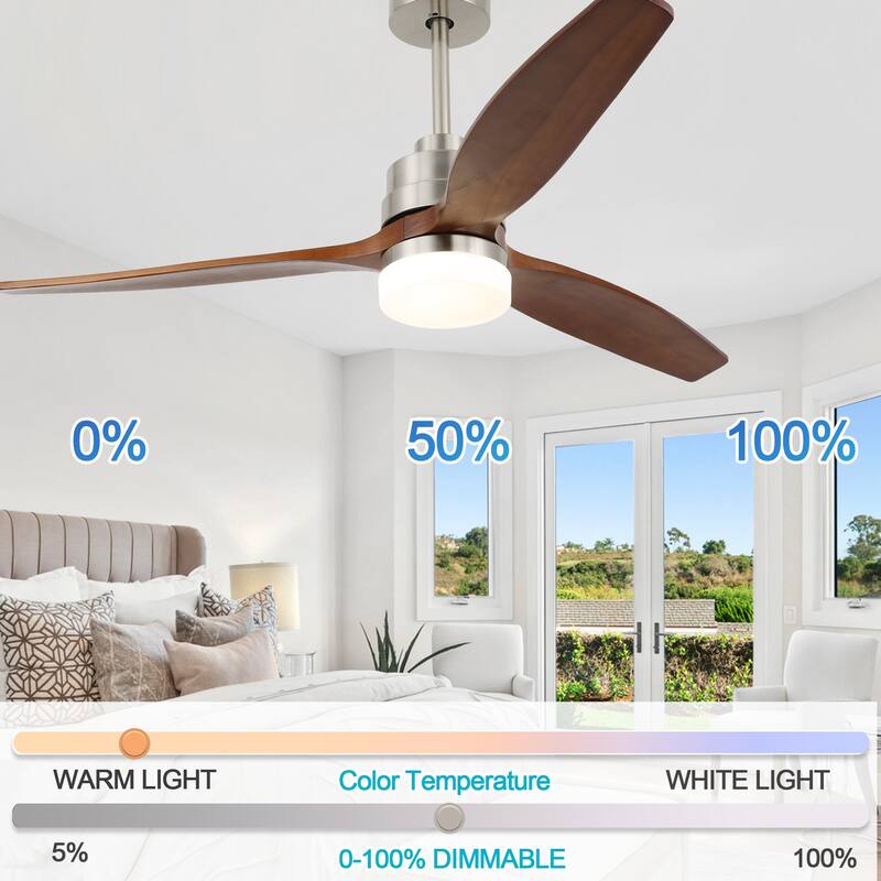 CurveCurio 52'' Indoor Classical LED Sliver Ceiling fan with LED light and Remote, DC Motor, 3 Wood Blades - 52 inches