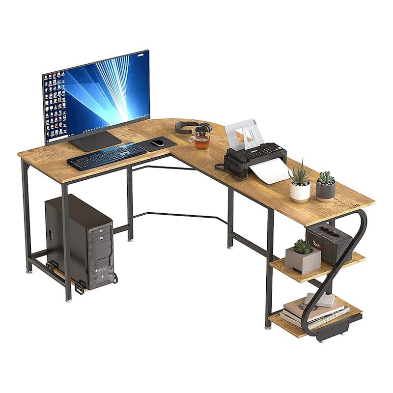 Reversible L-Shaped Large Corner Computer Desk with Shelves Brown