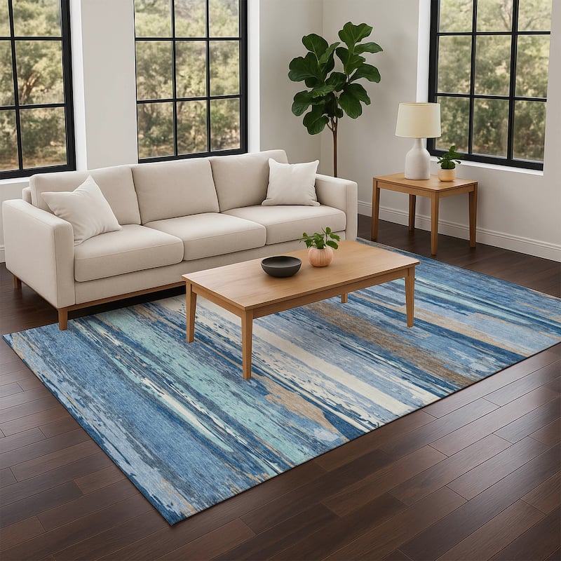 Machine Washable Indoor/ Outdoor Abstract Stripes Chantille Rug