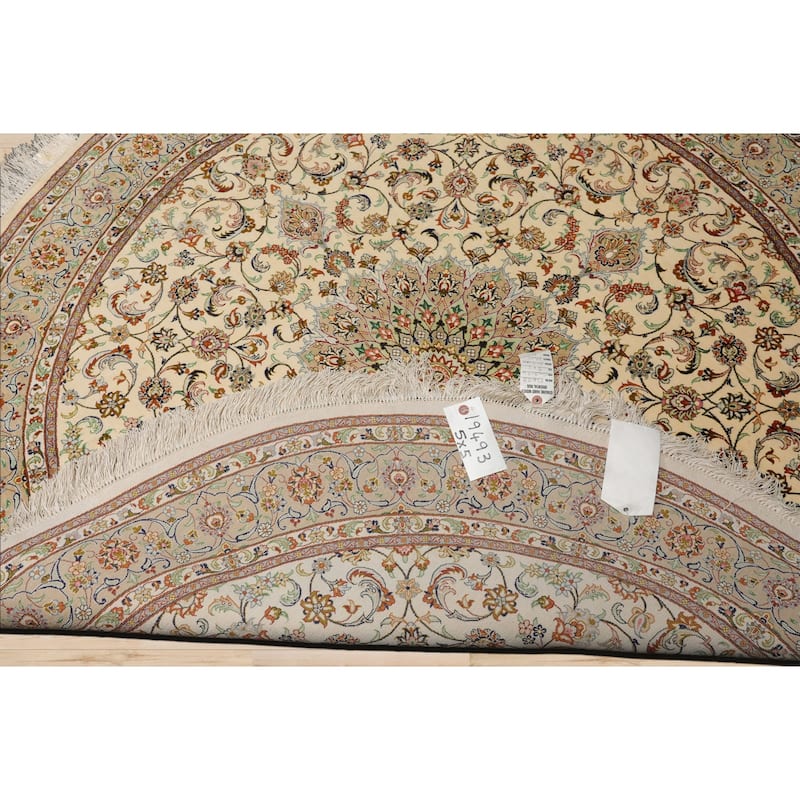 5x5 Round Hand Knotted Ivory Qum All Silk Traditional 600 KPSI Rug - 5' x 5' -Round