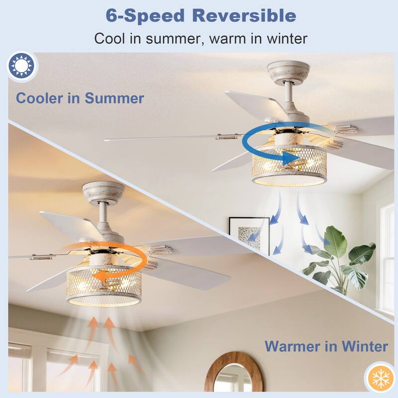 42-52Inch Caged Ceiling Fans with Lights: Dual Finish 5 Blades - Rustic with Remote Control (E26 Bulb Included)
