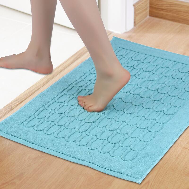 Lightweight Textured Cotton Bath Mat Hotel Reversible Water Absorbent Rug Thick Foldable Shower Foot Carpet - Light Blue - 16" x 24"