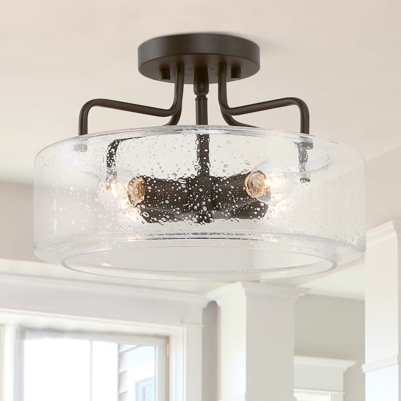 Modern 3-Light Drum Semi-Flush Mount Glass Ceiling Light - Black