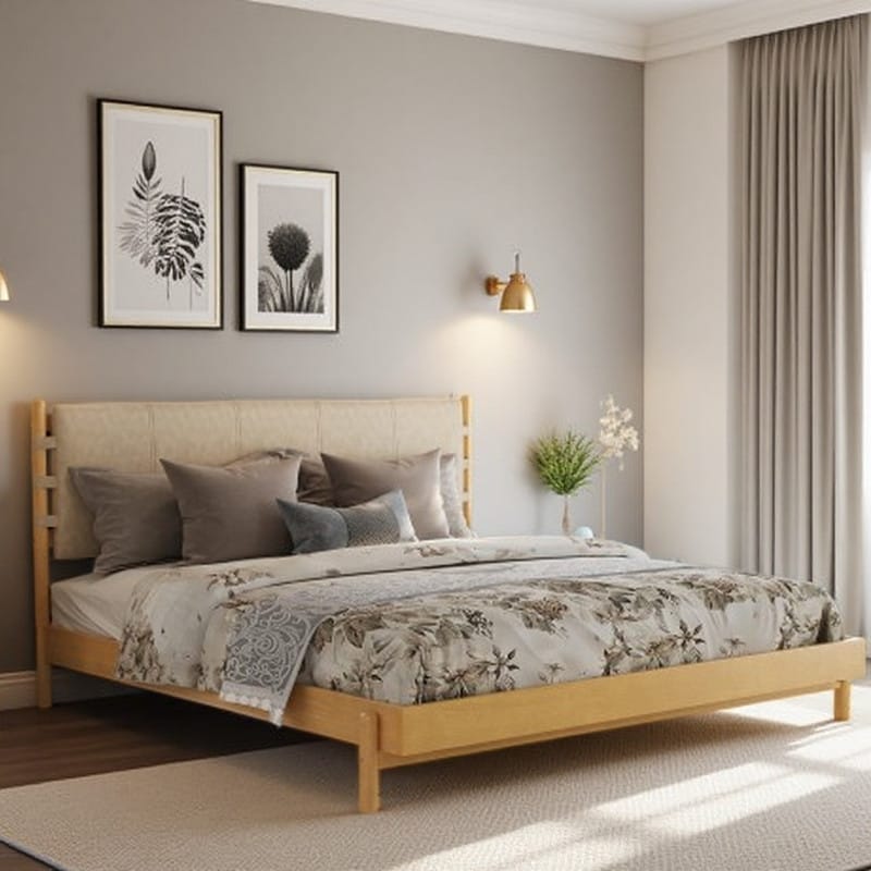 King Rubberwood Platform Bed with Headboard, Mid-Century Modern Design & Durable Solid Wood Frame