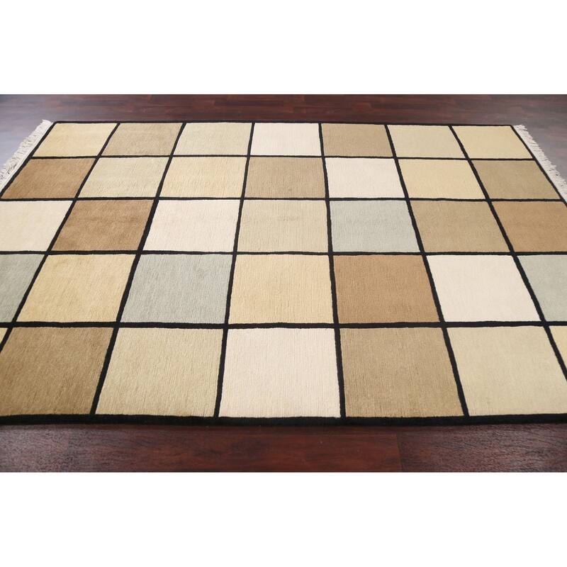 Checkered Nepalese Vegetable Dye Oriental Wool Area Rug Hand-knotted - 6'1" x 9'3"