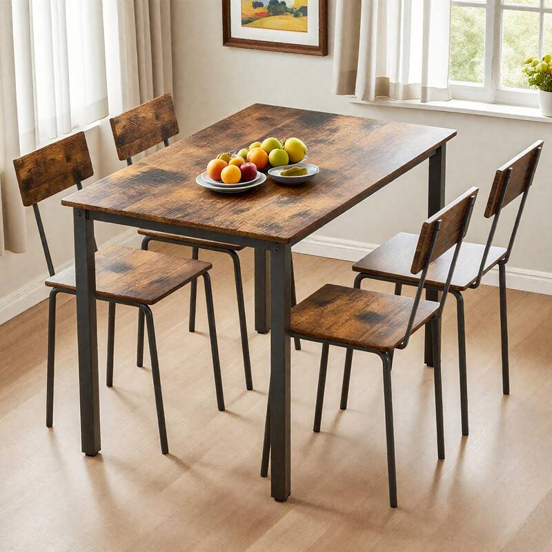 5 Piece Metal and Wood Indoor Modern Dinning Table Furniture Set for 4, Dining Table Chairs - Dark Walnut
