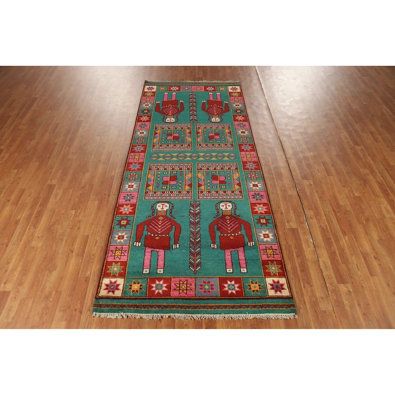 Hand Knotted Oriental 100% Wool Carpet Traditional Tribal Green Heriz (serapi) Runner Rug - 9' 10'' X 4' 2''