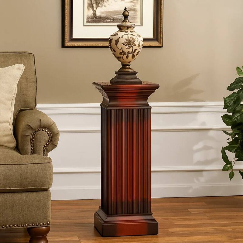 Transitional Style Square Top Pedestal Stand, Brown
