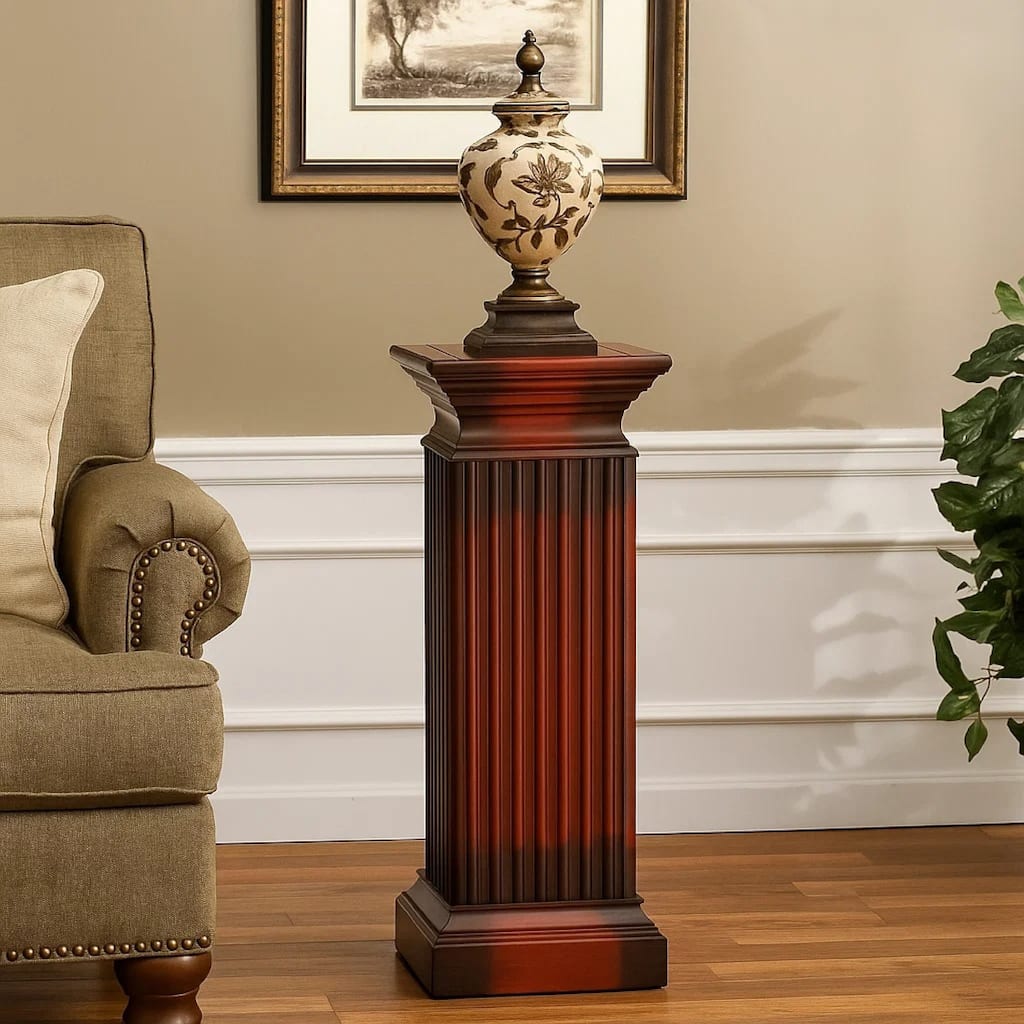 Transitional Style Square Top Pedestal Stand, Brown