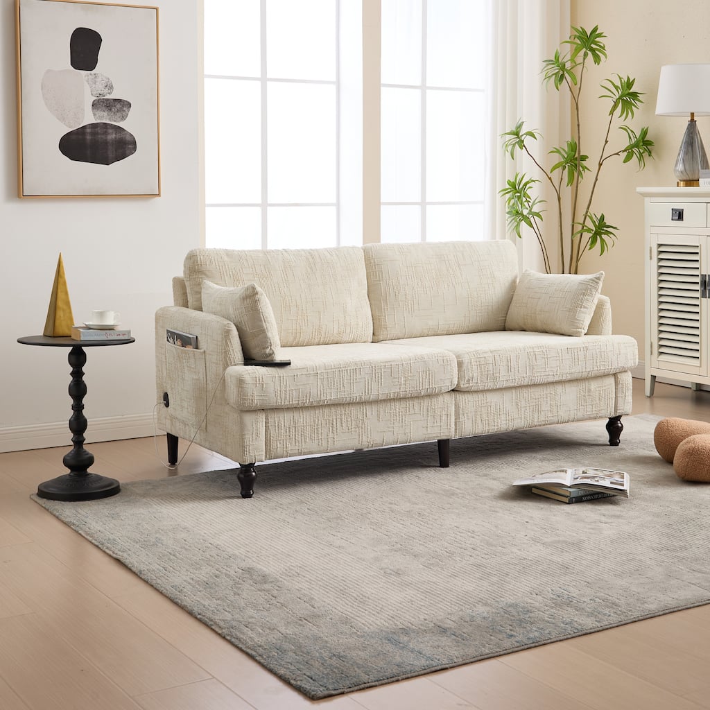 Multifunctional Sofa Couch Beige Loveseat with Lights & Side Pocket, 2-Seater Sofa Couch with Charging Port