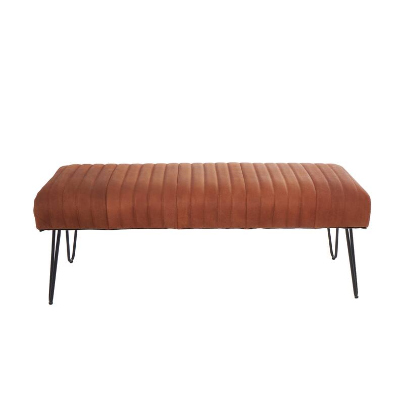 Brown Leather Upholstered Bench with Linear Tufted Panels and Black Metal Hairpin Legs