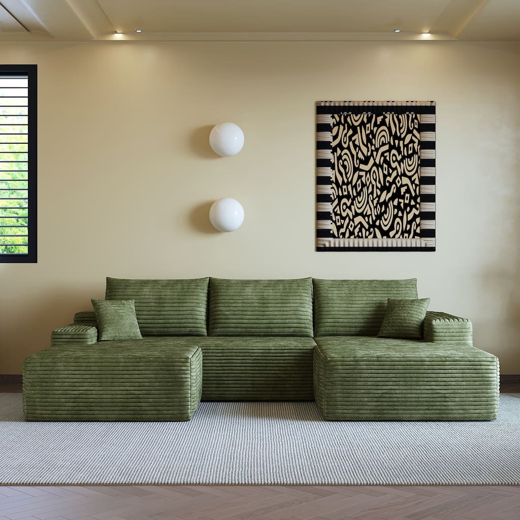 Sofa 107-in Casual Green 3 -seater Right Reclining Sectional with 1 Ottoman - 8' x 10'