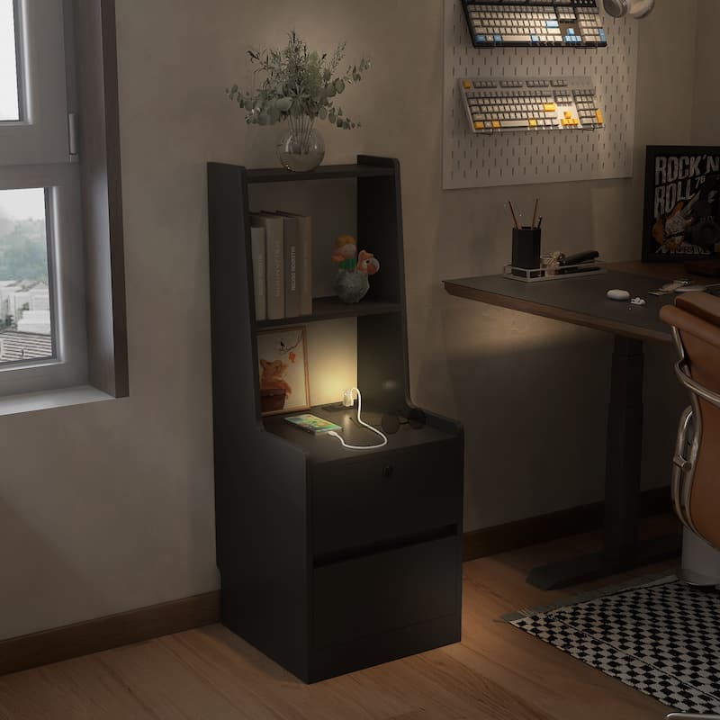 Anmytek Black Smart Nightstand with Charging Station, Night Light, Bookshelf & Storage