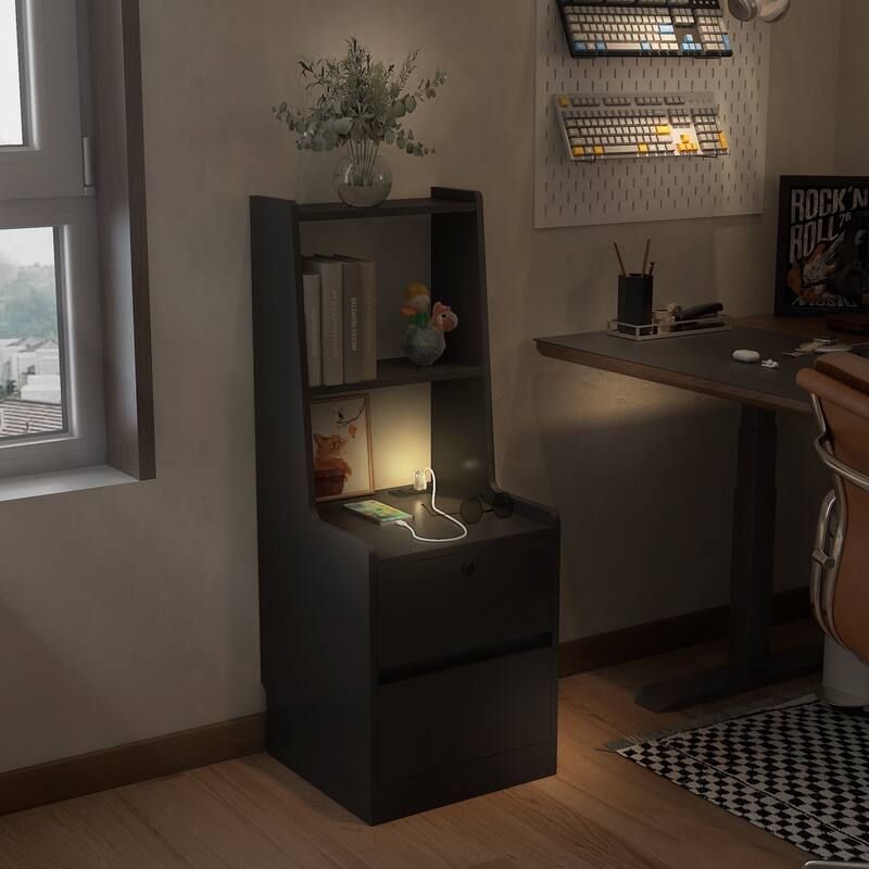 Modern Nightstand with Charging Station, Night Light, and Storage Cabinet