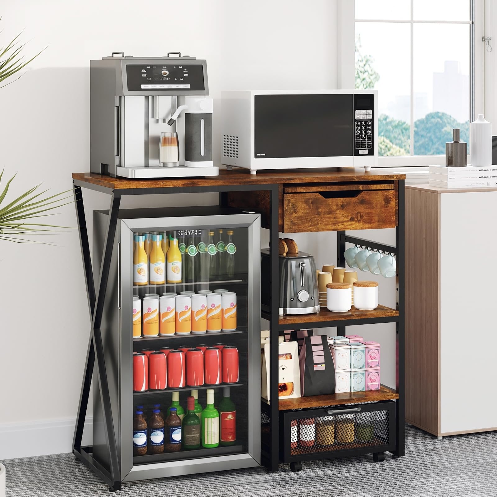 ONULIFE MY ON MINI FOLDNG SHELF　バスケット＆天板 Wood Mini Fridge Stand with Power Outlet, Pull-Out Tray, Drawer