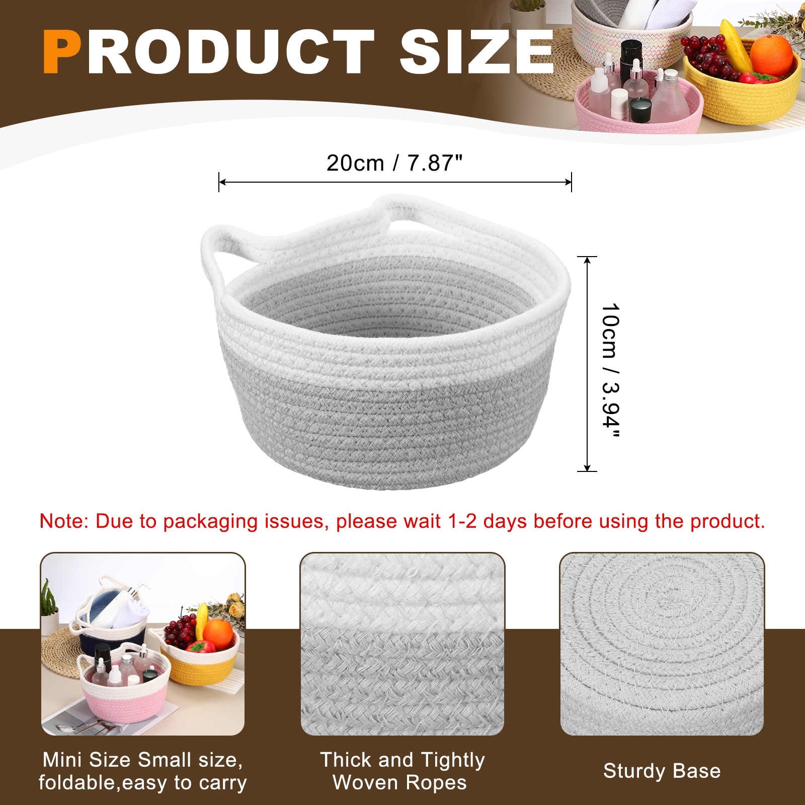Small Cotton Rope Woven Storage Basket, Cat Ears Decorative Organizer