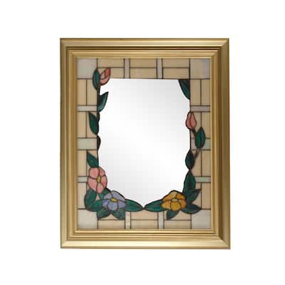 34" Gold and Green Framed Rectangular Peony Wall Mirror