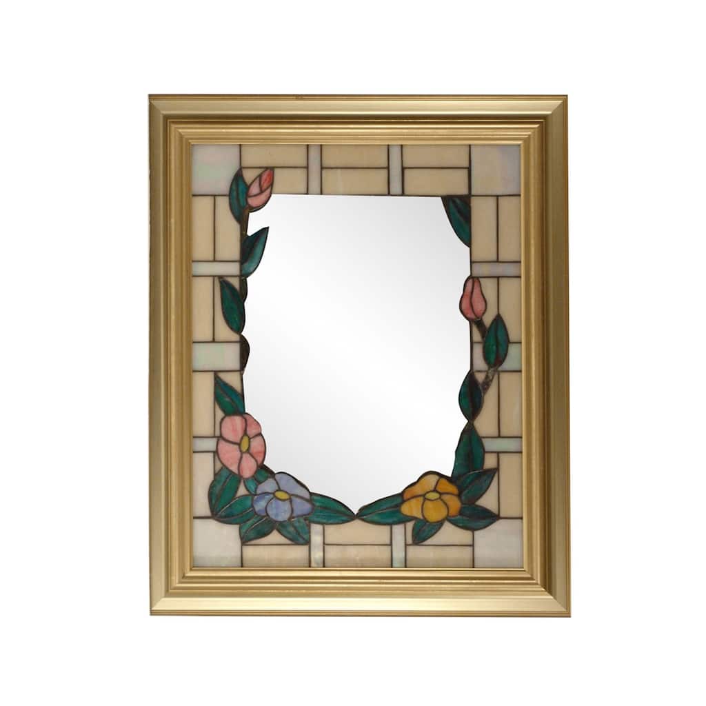 34" Gold and Green Framed Rectangular Peony Wall Mirror