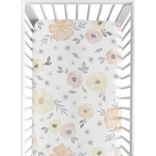 Yellow and Pink Watercolor Floral Baby Girl Fitted Crib Sheet - Blush Peach Grey Shabby Chic Rose Flower Farmhouse