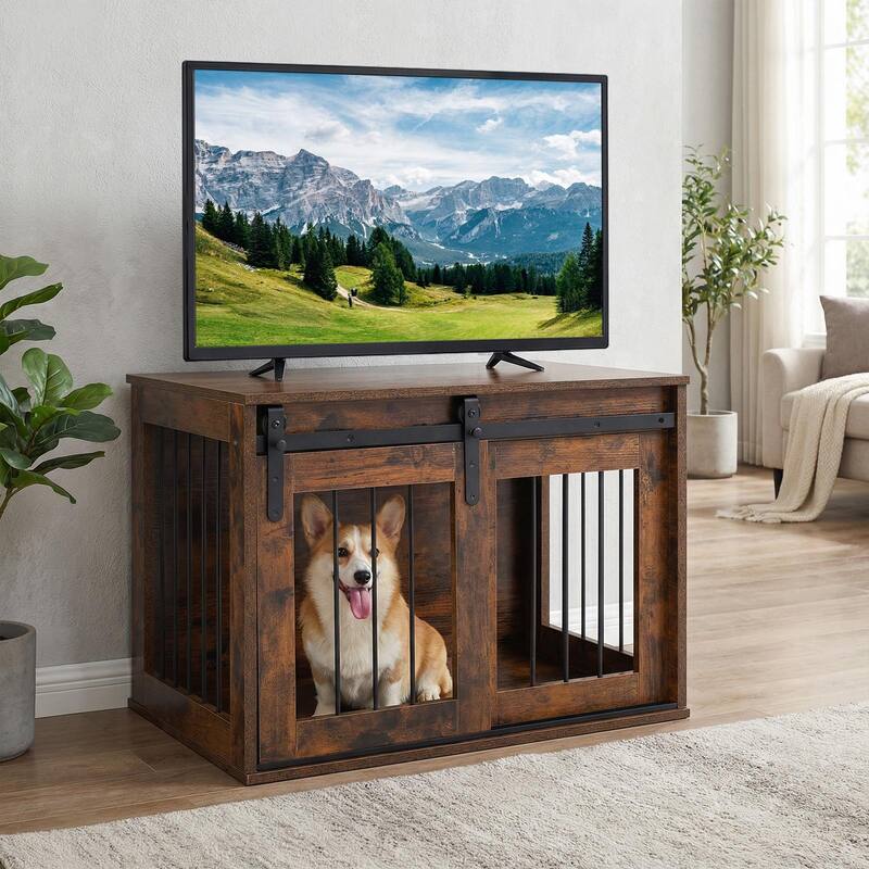 Gymax Dog Crate Furniture 31.5'' Heavy Duty Dog Kennel w/Sliding Barn