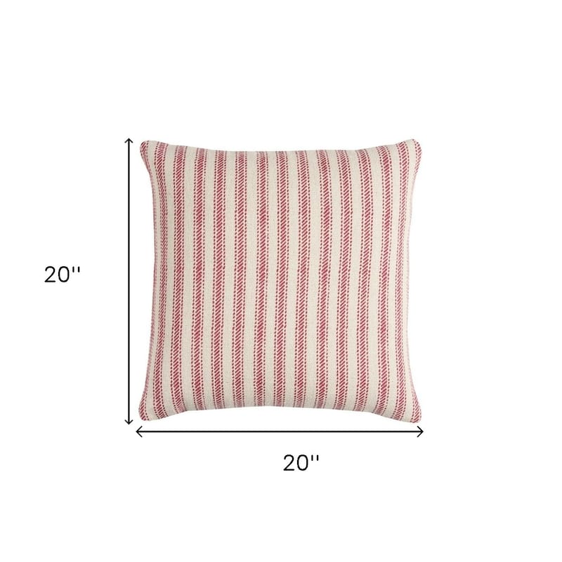 HomeRoots 20" Red and Natural Ticking Stripe Cotton Throw Pillow