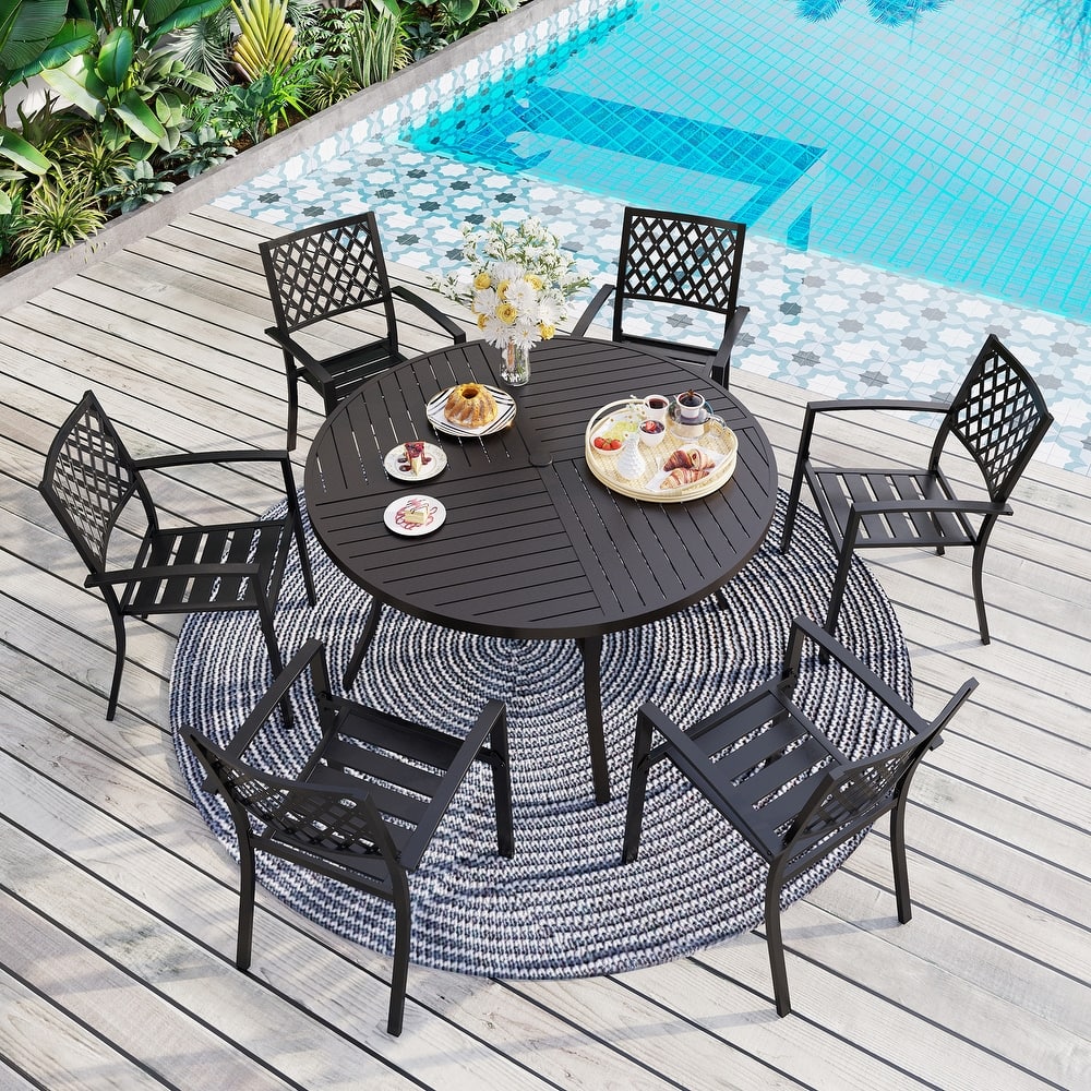 MAISON ARTS 7 Pieces Outdoor Dining Set for 6, Large Round Dining Table with Umbrella Hole & Stackable Metal Chairs