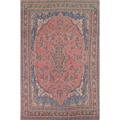 Pink Floral Hamedan Persian Vintage Area Rug Handmade Wool Carpet - 8'3"x 12'10"