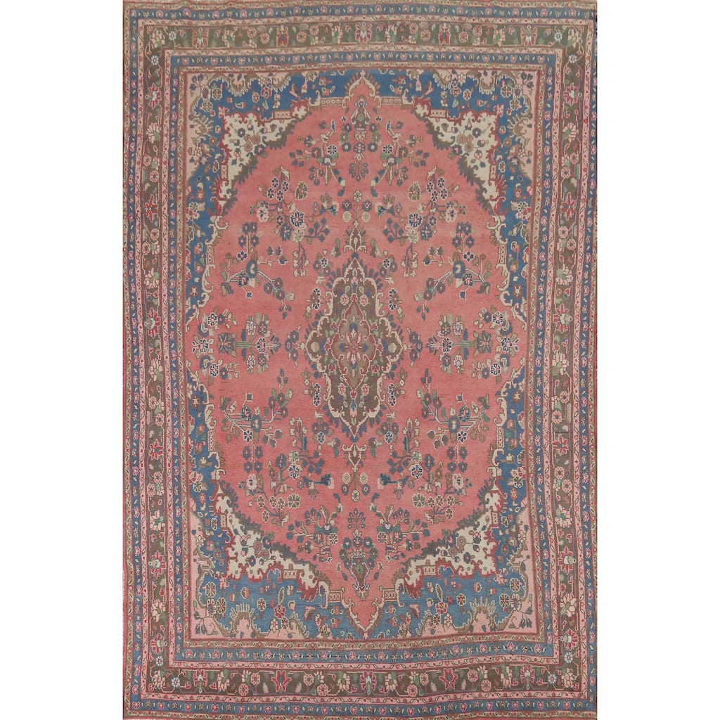 Pink Floral Hamedan Persian Vintage Area Rug Handmade Wool Carpet - 8'3"x 12'10"