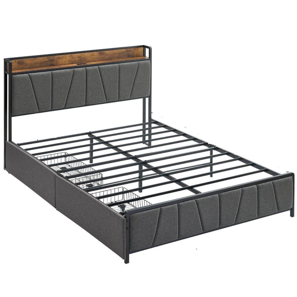 Linen Upholstered Platform Bed Frame with Drawers, Storage Headboard