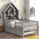 preview thumbnail 3 of 7, Grey Twin Size Pine Wood Platform Bed with House-Shaped Headboard and Pull-Out Trundle, Built-in Shelves and Fence Guardrails