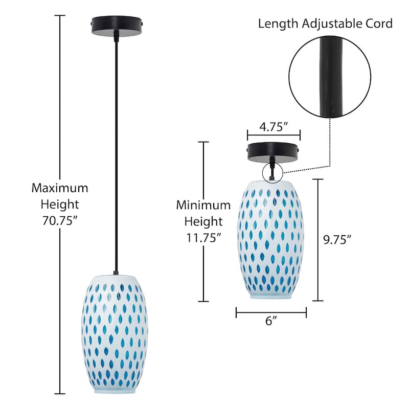 Adriana River of Goods Black Metal and White/Blue Glass 6-Inch Pendant Light with Adjustable Hanging Cord - 6" x 6" x 70.75"