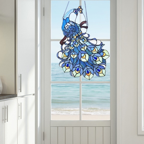 River of Goods 24.5"H Mardi Gras Peacock Stained Glass Window Panel. Opens flyout.