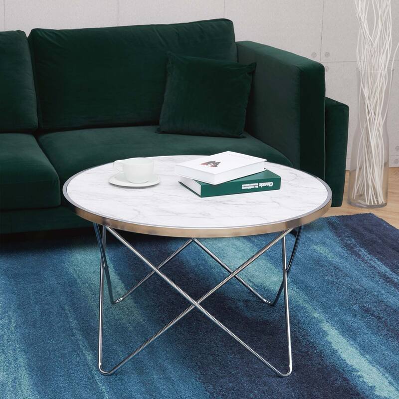 Teamson Home Small Round Faux Carrara Marble Coffee Table, White