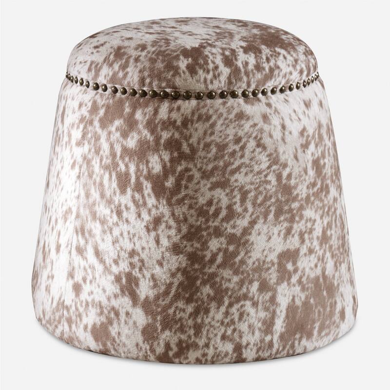 Cow Hide Pouf Ottoman with Nail Heads - 17" - Brown and White